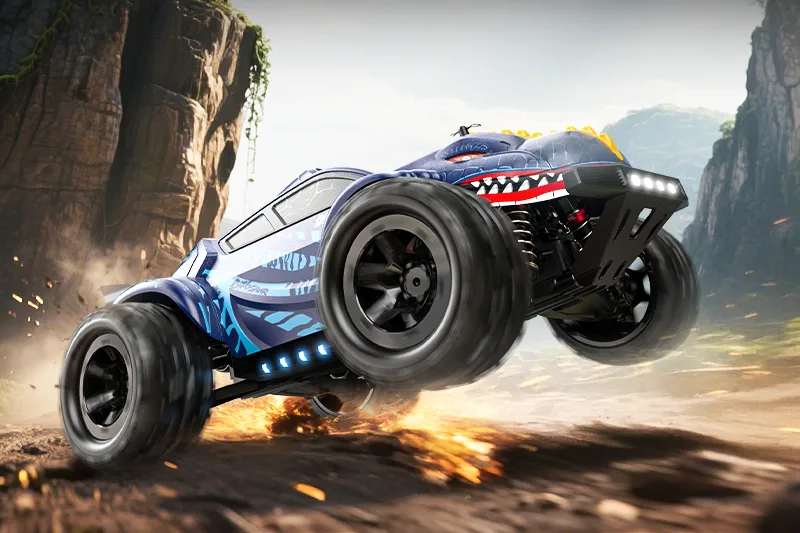 DEERC RC truck action artwork with an off-road setting